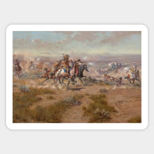 Native American Warriors Attacking The Settlers - Vintage Western American Art Sticker